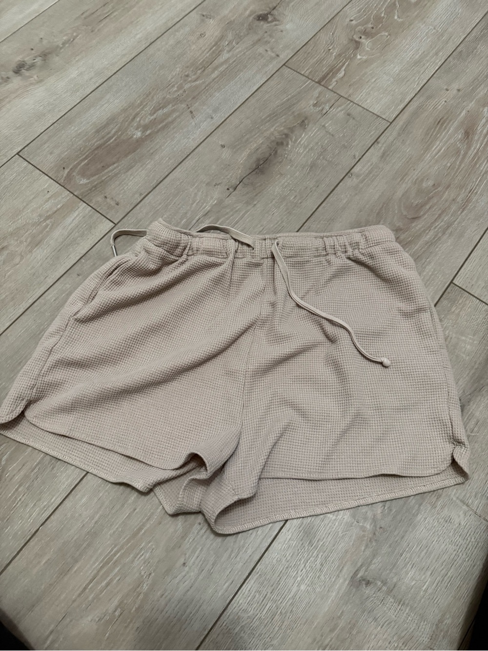 Women’s Waffle Knit Drawstring Lounge Shorts — Light Taupe